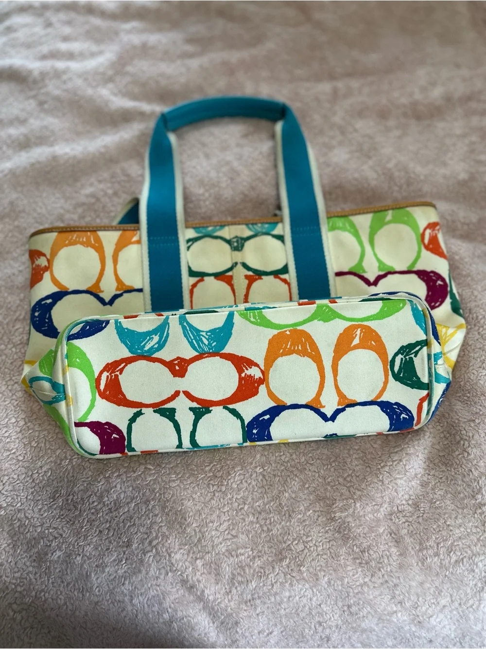 Coach Multicolor Signature Tote with Teal Straps